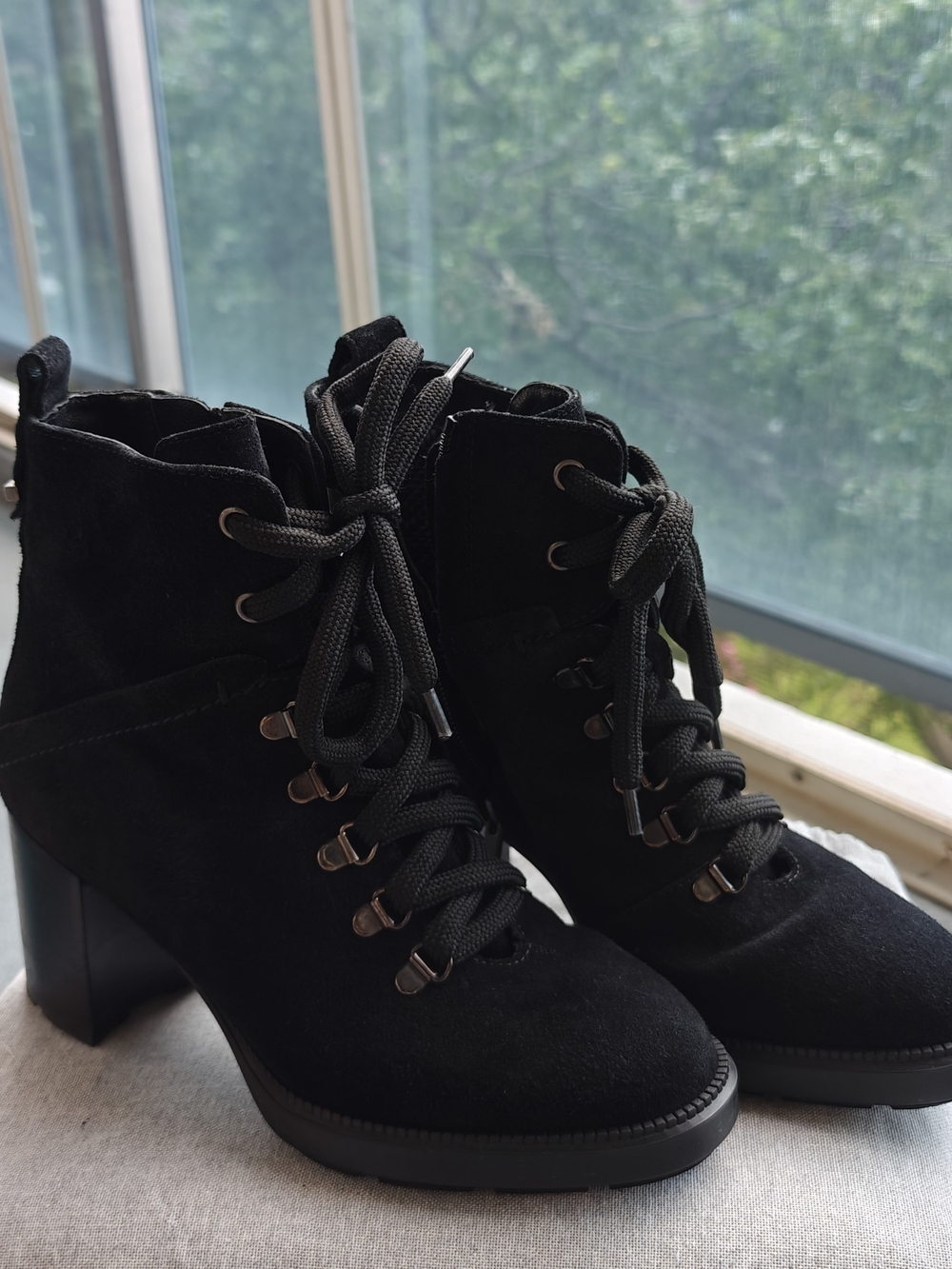 Black Lace-Up Suede Ankle Boots - Women's Heeled Booties